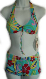 HOT COLES Retro Flower Power Boy Shorts & Halter Top Bikini - Small