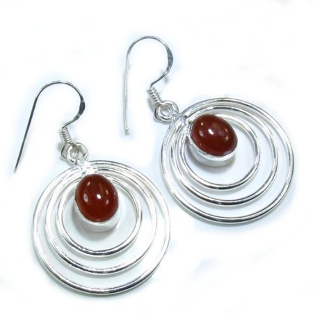 Sterling Silver & Carnelian Stone Hoop Earrings  - 2"