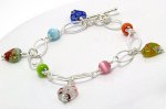 Sterling Silver 925 Link Bracelet with Glass Beads & Coloured Glass Beads Charms - 7 inches