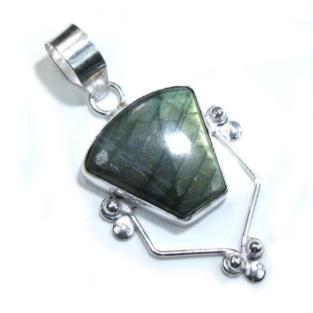 Sterling Silver & Labradorite Stone Pendant - 2.5"